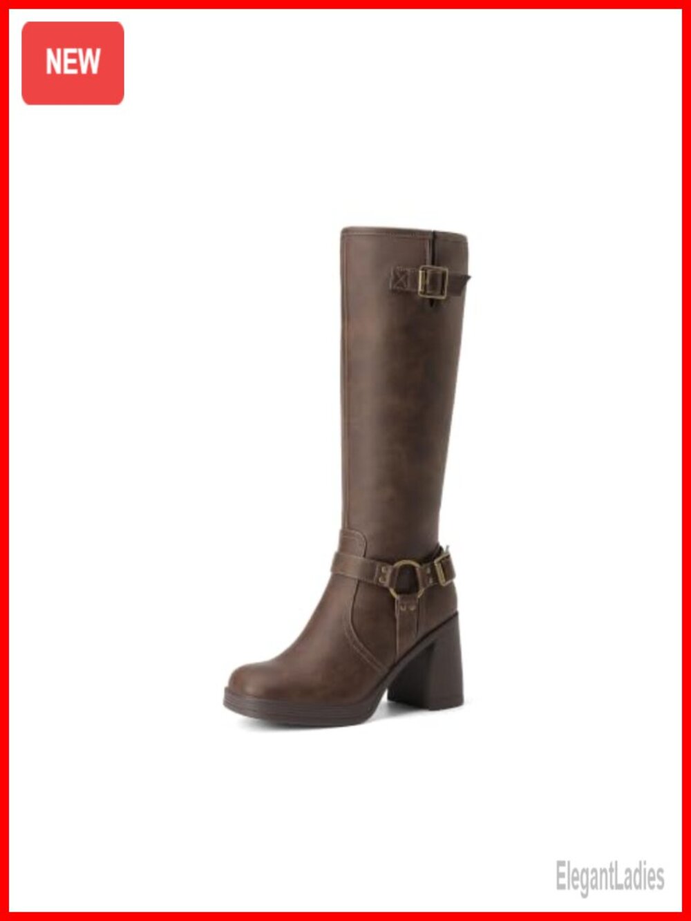 Women's Platform Chunky Knee High Moto Boots Faux Leather Block Heel